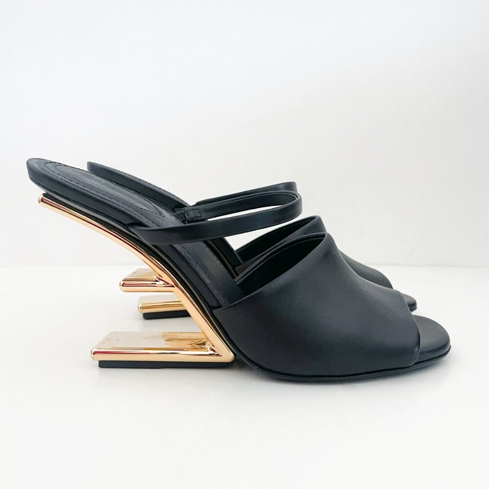 Fendi First Mule Slide Sandals Heels Black Gold Calfskin 38